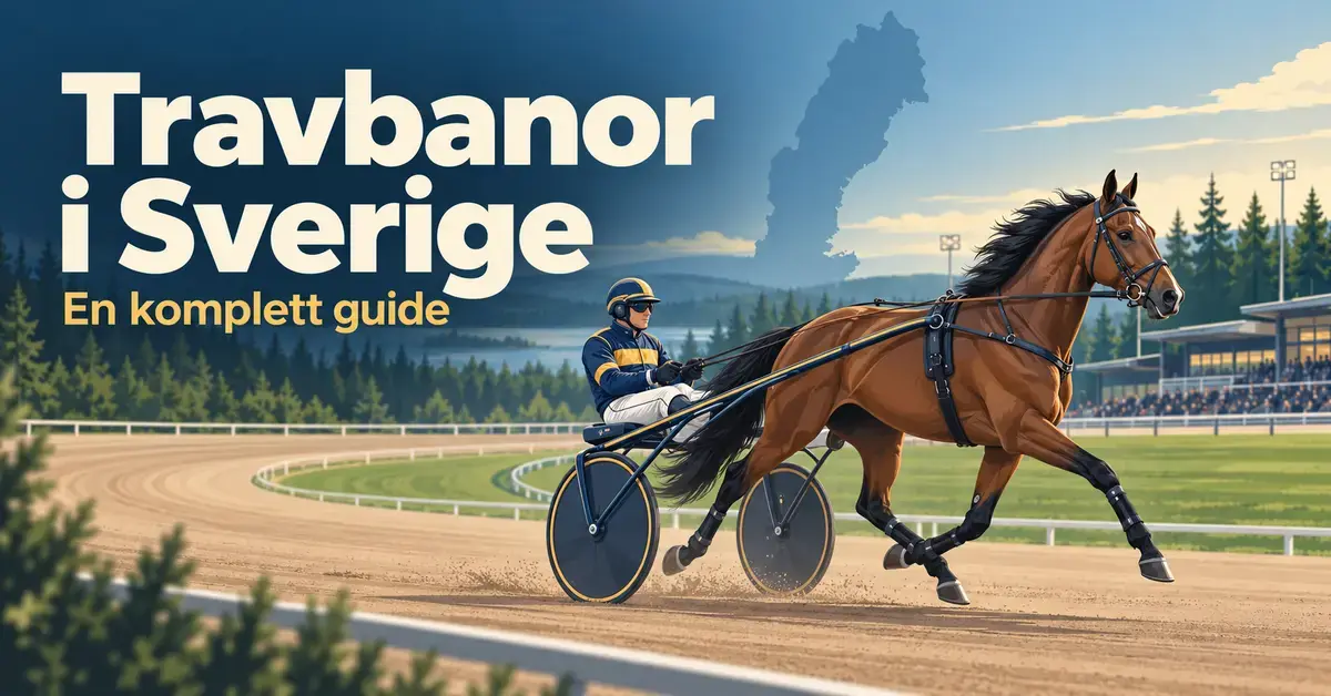 Illustration av en travhäst med sulky och kusk på en svensk travbana, med Sveriges silhuett och texten ”Travbanor i Sverige – En komplett guide”.