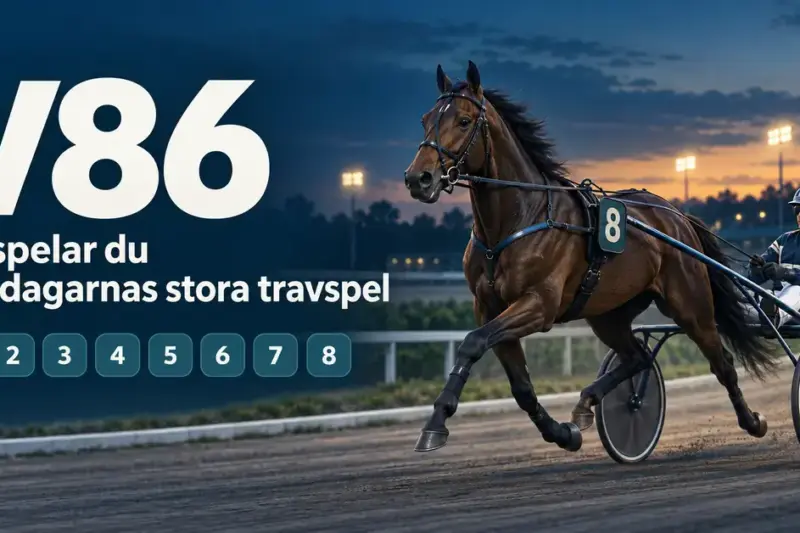 Illustration av en travhäst med kusk i sulky på en kvällsbelyst travbana, bredvid rubriken ”V86 – Så spelar du onsdagarnas stora travspel” och åtta numrerade rutor.