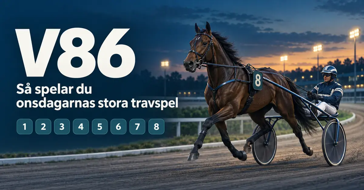 Illustration av en travhäst med kusk i sulky på en kvällsbelyst travbana, bredvid rubriken ”V86 – Så spelar du onsdagarnas stora travspel” och åtta numrerade rutor.
