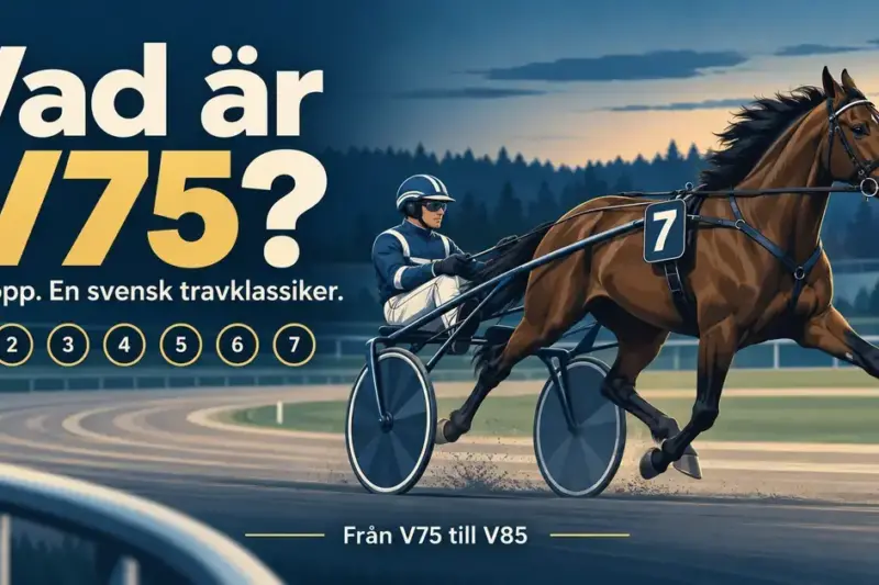 Illustration av en travhäst med sulky och kusk, sju numrerade cirklar och texten ”Vad är V75?” samt ”Från V75 till V85”.