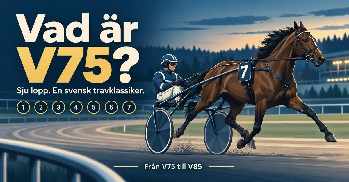 Illustration av en travhäst med sulky och kusk, sju numrerade cirklar och texten ”Vad är V75?” samt ”Från V75 till V85”.