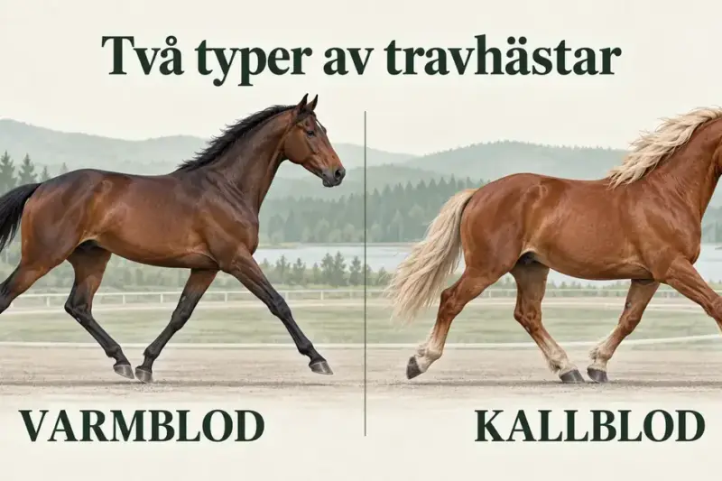 Illustration av en smäcker varmblodstravare och en kraftigare kallblodstravare sida vid sida på en travbana.