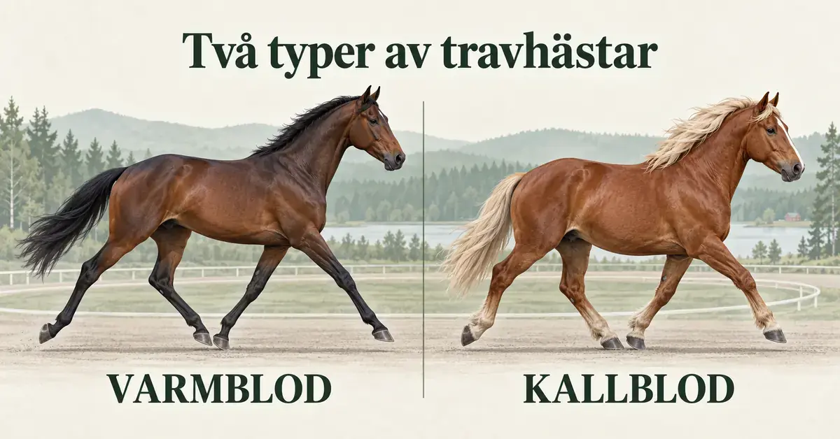 Illustration av en smäcker varmblodstravare och en kraftigare kallblodstravare sida vid sida på en travbana.